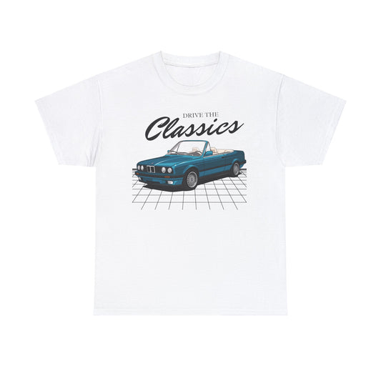BMW E30 Cabriolet Classic T-Shirt – white cotton shirt featuring the BMW E30 Cabriolet (1985–1993) with distinctive design and performance features, designed for German automotive enthusiasts

