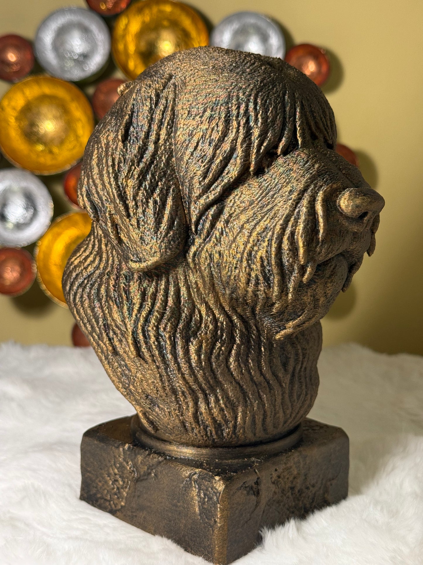 Bobtail bust detail – antique finish hand-painted 3D print sculpture for dog lovers