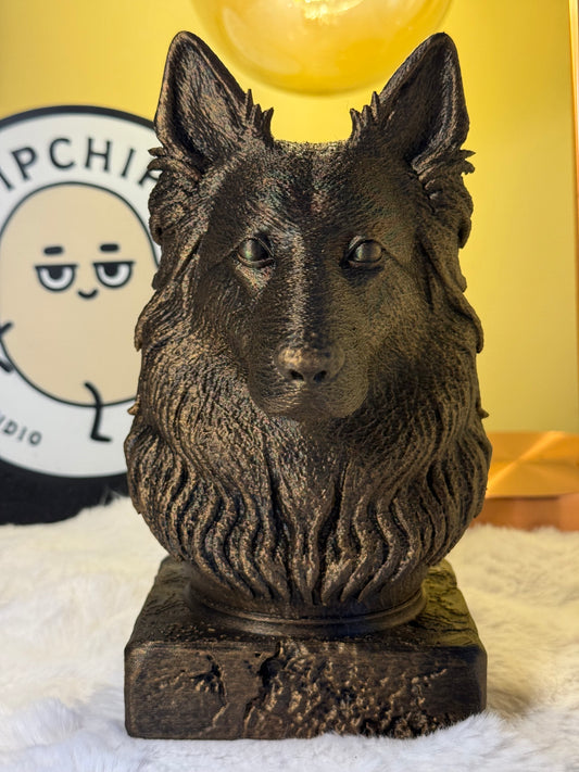 Long Haired German Shepherd antique bust – hand-painted 3D print dog statue collectible decor