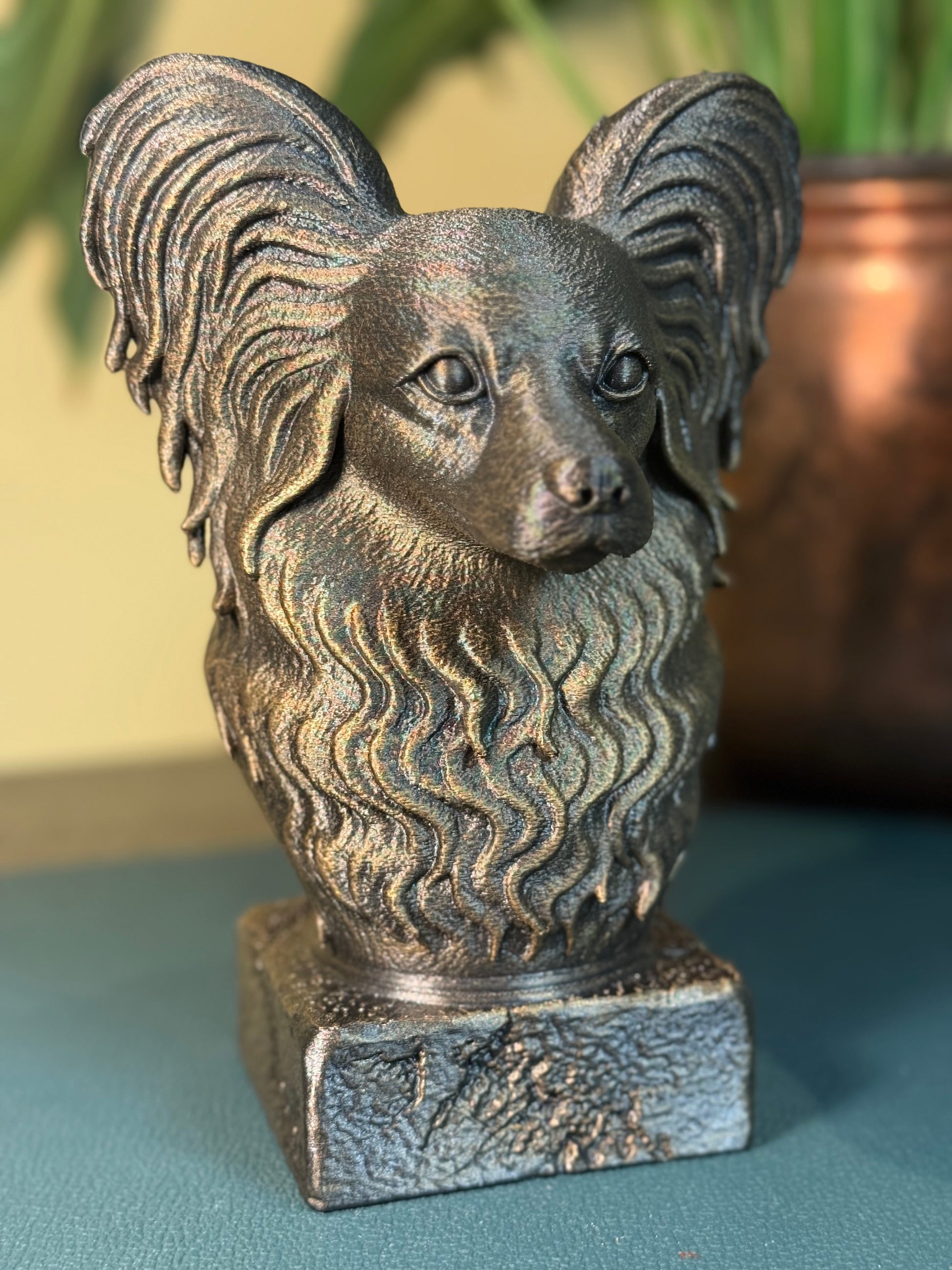 Papillon bust detail – antique finish hand-painted 3D print sculpture for dog lovers