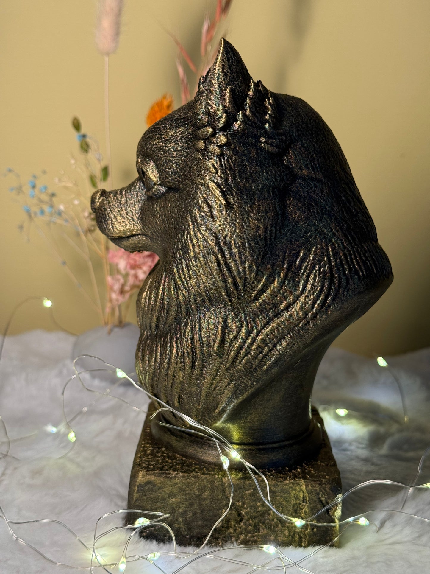 Pomsky bust detail – antique finish hand-painted 3D print sculpture for dog lovers