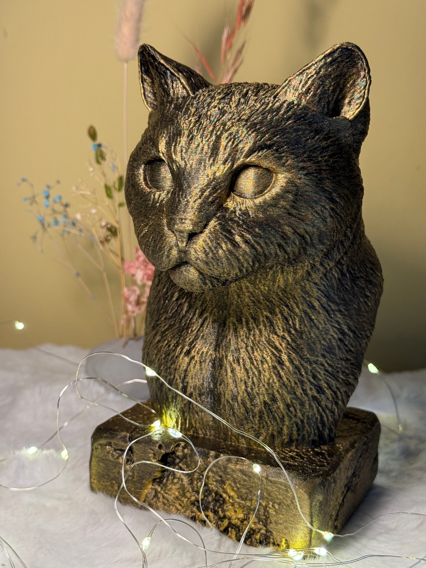 Siamese Antique Bust – hand-painted 3D cat sculpture in antique black & gold, 10x14x20 cm